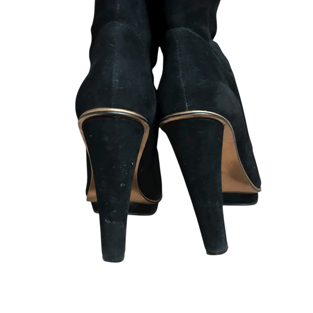 BCBGMaxAzria Elegant Black Suede Heeled Boots Trimmed with Gold Great Preowned - Picture 8 of 14
